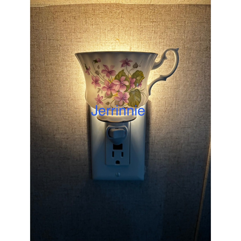 Handcrafted Vintage Teacup Night Light Purple Violets Floral Bone China Decor
